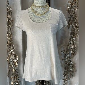 Anthropologie Tan Beige Sweater Knit Sleeve & Back Flowy Tee Shirt Women’s Small